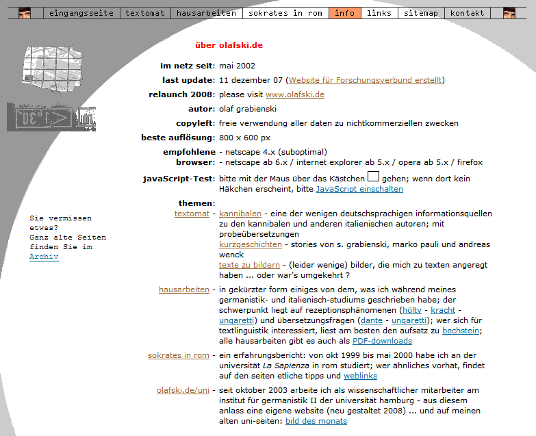 Website 2002-2007, Infoseite